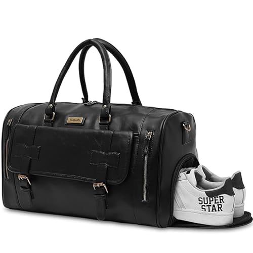 Handcuffs Duffle Bag PU Leather Weekender Travel Duffel with Separate Shoe Compartment & Removable Shoulder Strap for Men & Women | Holiday Bags | Luggage Duffles (Black) - Image 1