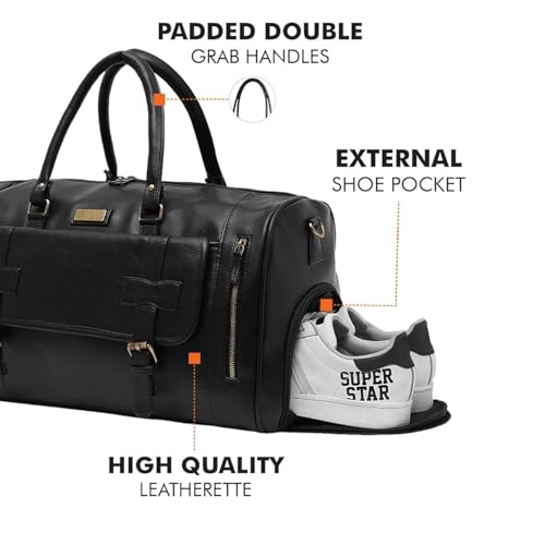 Handcuffs Duffle Bag PU Leather Weekender Travel Duffel with Separate Shoe Compartment & Removable Shoulder Strap for Men & Women | Holiday Bags | Luggage Duffles (Black) - Image 3