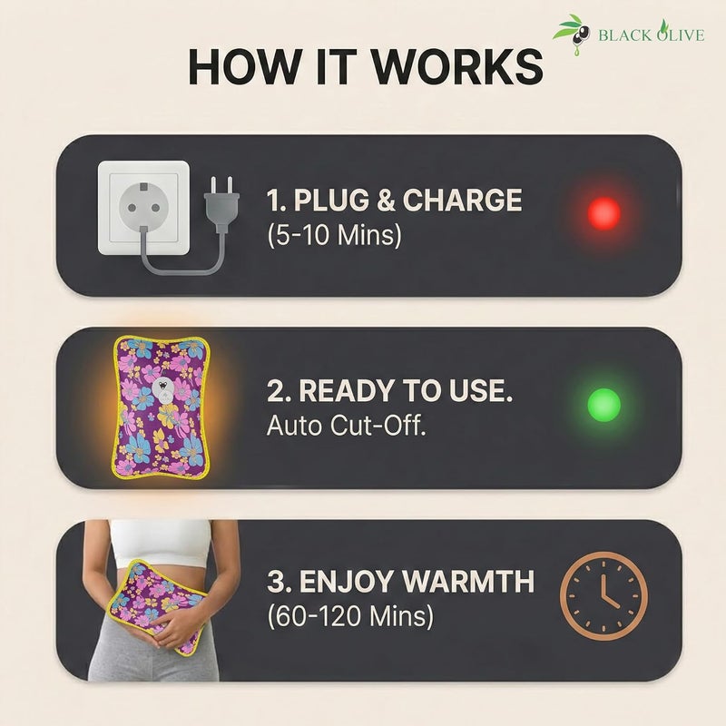 Black Olive 's Hot Water Bag Electric Heating Pad Hot Bags for Pain Relief Heating Bag Hot Pack Water Bag for Pain Relief Hot Bag for Back Pain Relief Men & Women with Charging Cord (Multicolor) - Image 5