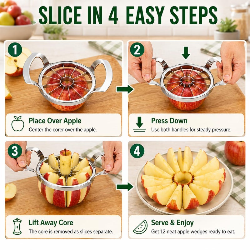 Apple Slicer and Corer, 12-Slice Stainless Steel Fruit Divider with Metal Blades and Easy-Grip Handles for Apples and Pears, Manual Kitchen Cutting Tool, XE-47 - Image 5