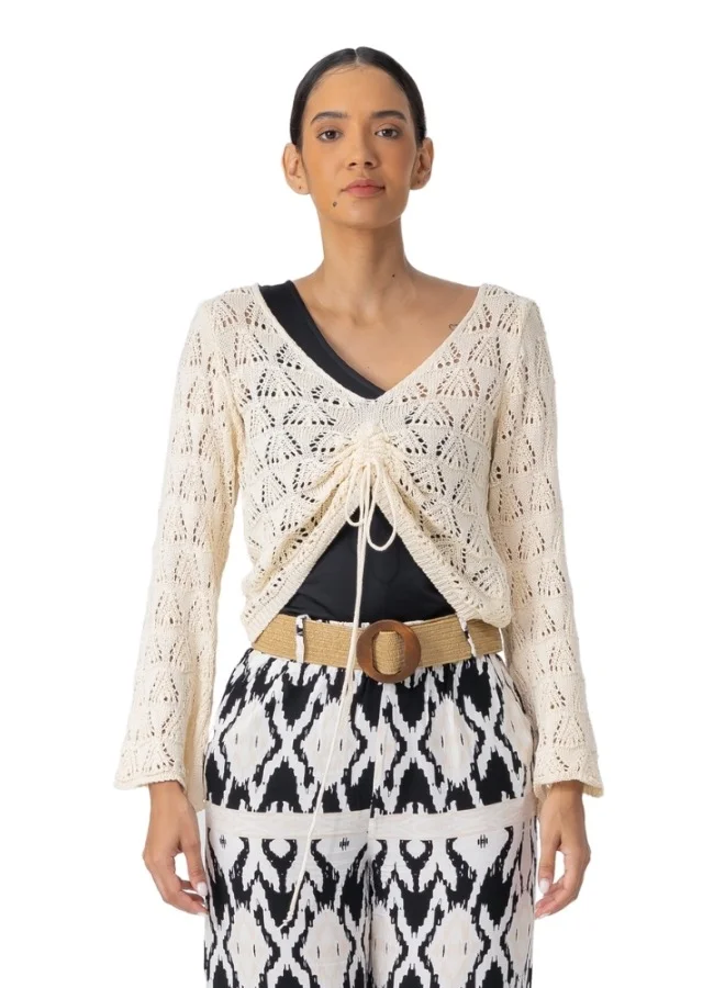 هايليز Crochet Knit Sweater - V-Neck Drawstring Pullover