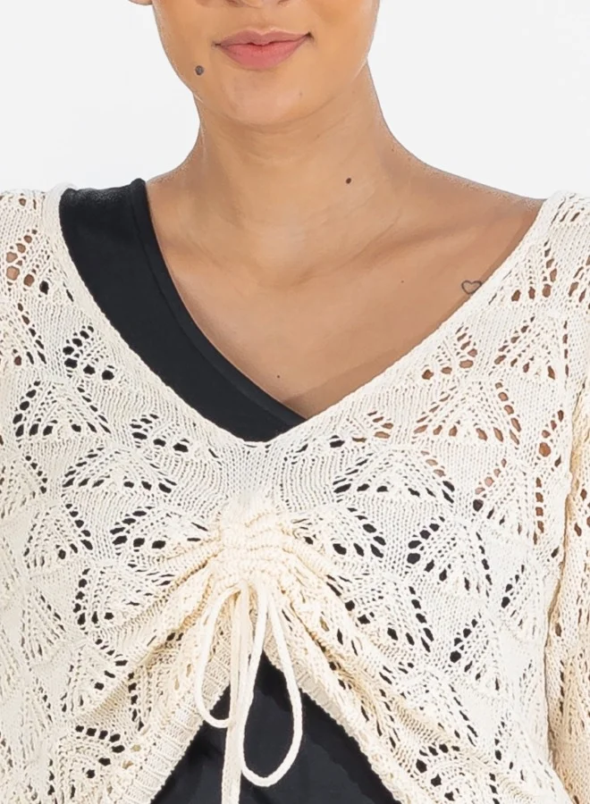 هايليز Crochet Knit Sweater - V-Neck Drawstring Pullover