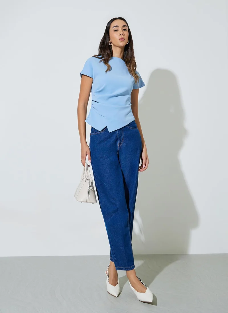 Styli Blue Asymmetric Hem Solid Blouse