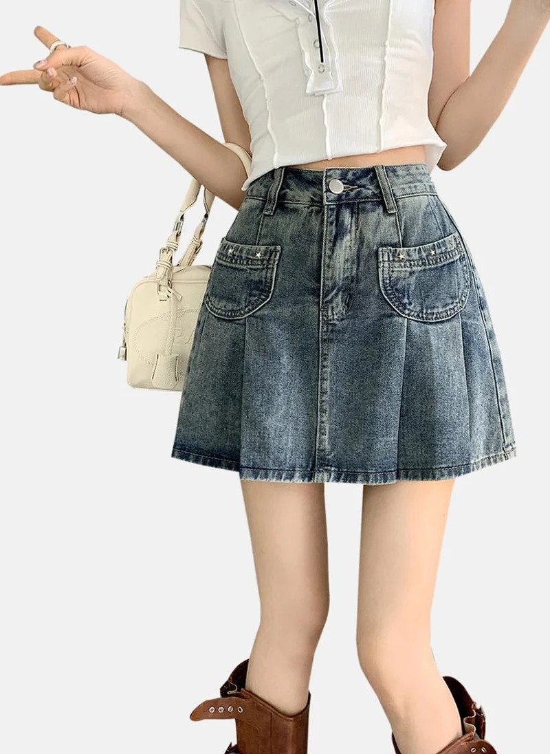 يونيكي Blue Solid Denim Mini Skirt