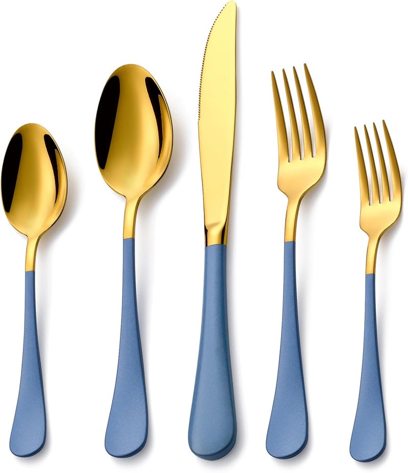 Lekoton 20 Piece Gold and Blue 180 Flatware Utensil Set for 4 Include Dinner KnifeDinner ForksDinner SpoonsSalad ForksTeaspoonsSilverware Set for 4 Dishwasher Safe - Image 1