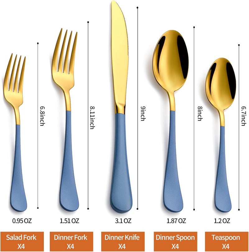 Lekoton 20 Piece Gold and Blue 180 Flatware Utensil Set for 4 Include Dinner KnifeDinner ForksDinner SpoonsSalad ForksTeaspoonsSilverware Set for 4 Dishwasher Safe - Image 2