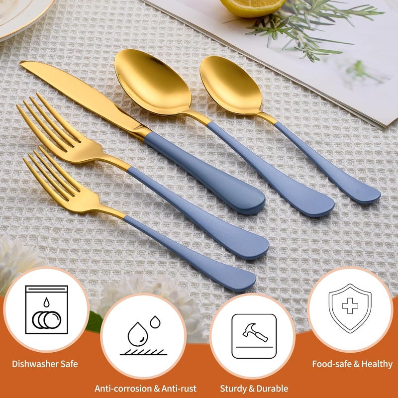 Lekoton 20 Piece Gold and Blue 180 Flatware Utensil Set for 4 Include Dinner KnifeDinner ForksDinner SpoonsSalad ForksTeaspoonsSilverware Set for 4 Dishwasher Safe - Image 4