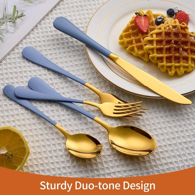 Lekoton 20 Piece Gold and Blue 180 Flatware Utensil Set for 4 Include Dinner KnifeDinner ForksDinner SpoonsSalad ForksTeaspoonsSilverware Set for 4 Dishwasher Safe - Image 5