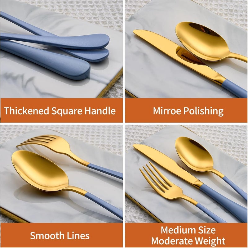Lekoton 20 Piece Gold and Blue 180 Flatware Utensil Set for 4 Include Dinner KnifeDinner ForksDinner SpoonsSalad ForksTeaspoonsSilverware Set for 4 Dishwasher Safe - Image 3