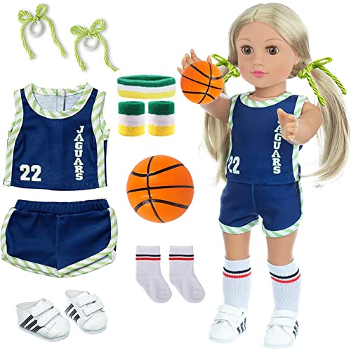 DOTVOSY 18 Inch Doll Clothes and Accessories Basketball Clothes Sports Set Designed for 18 Inch Girl Doll Include Doll Clothes Hair Bands Bracers Shoes Socks and Basketball - Image 1
