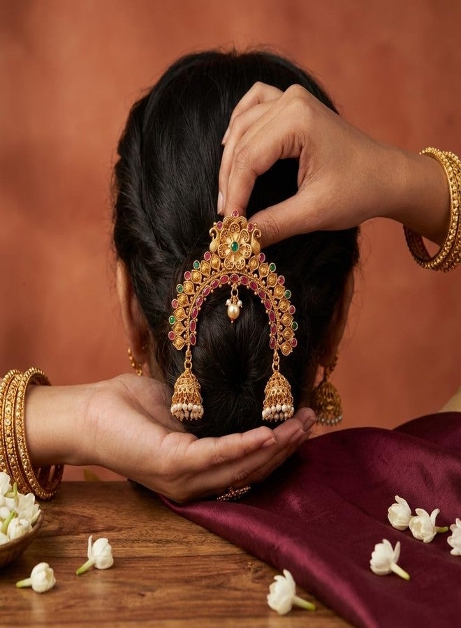 AAIKU Traditional Gold-Plated Bridal Juda Khopa Pin with Ruby & Green Stones, Premium Pearls & Jhumka Danglers | Temple-Style Maharashtrian Hair Accessory with Multicolor Stone HairPins (Red and Green- Design2) - Image 3