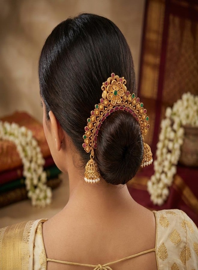 AAIKU Traditional Gold-Plated Bridal Juda Khopa Pin with Ruby & Green Stones, Premium Pearls & Jhumka Danglers | Temple-Style Maharashtrian Hair Accessory with Multicolor Stone HairPins (Red and Green- Design2) - Image 2