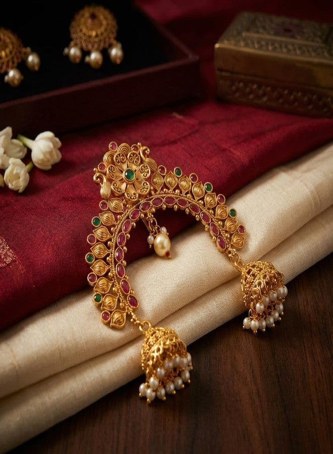 AAIKU Traditional Gold-Plated Bridal Juda Khopa Pin with Ruby & Green Stones, Premium Pearls & Jhumka Danglers | Temple-Style Maharashtrian Hair Accessory with Multicolor Stone HairPins (Red and Green- Design2) - Image 5