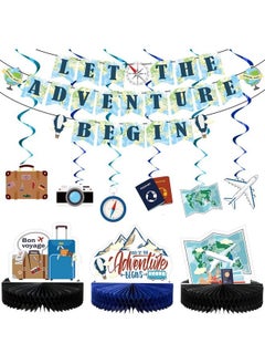 16 Pieces Travel Themed Party Decorations Let The Adventure Begin Banner Bon Voyage Party Decorations Travel Honeycomb Centerpieces For Travel Baby Shower Graduation Retirement Farewell Party Supplies