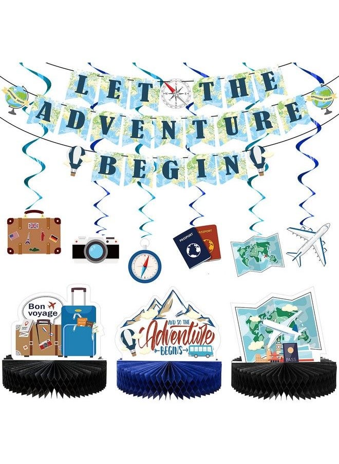 Outus - 16 Pieces Travel Themed Party Decorations Let The Adventure Begin Banner Bon Voyage Party Decorations Travel Honeycomb Centerpieces For Travel Baby Shower Graduation Retirement Farewell Party Supplies - Image 1