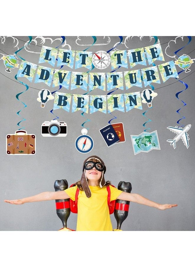 Outus - 16 Pieces Travel Themed Party Decorations Let The Adventure Begin Banner Bon Voyage Party Decorations Travel Honeycomb Centerpieces For Travel Baby Shower Graduation Retirement Farewell Party Supplies - Image 1