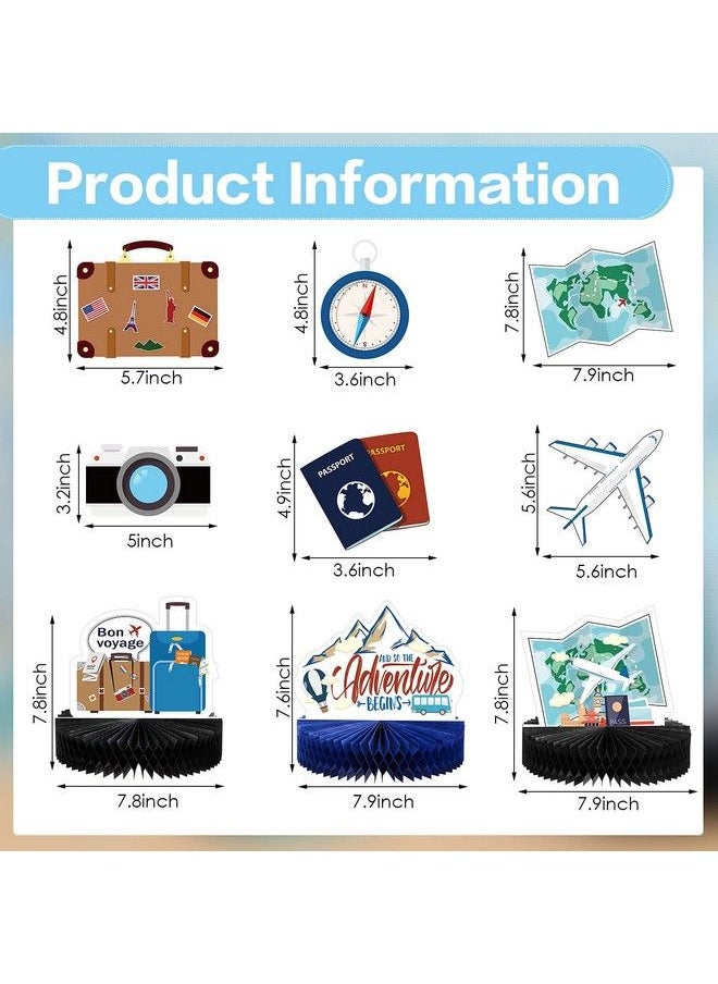 Outus - 16 Pieces Travel Themed Party Decorations Let The Adventure Begin Banner Bon Voyage Party Decorations Travel Honeycomb Centerpieces For Travel Baby Shower Graduation Retirement Farewell Party Supplies - Image 1