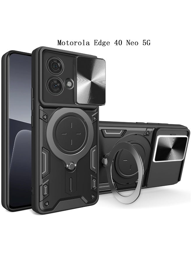 Motorola Edge 40 Neo 5G Mobile Phone Case Cover, Slide Camera Lens Cover, 360°Rotating Kickstand Ring, Bumper Shockproof Phone Case，Compatible with Car Magnetic Mount