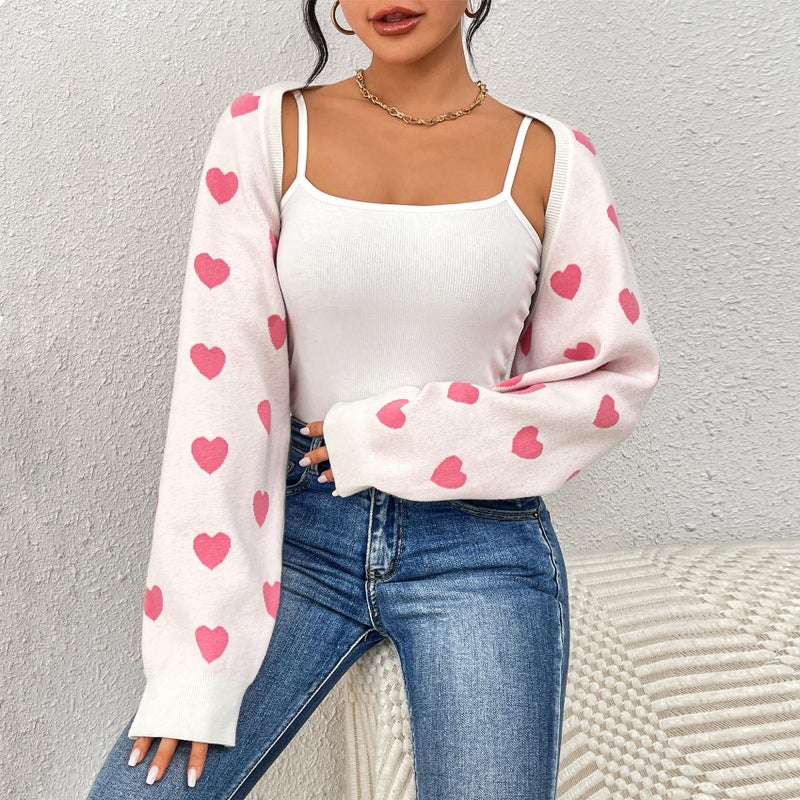 Durio Pink Bolero Shrug Heart Sweater Cardigan Valentine Cute Sweaters for Women Y2K Long Sleeve Cropped Open Front Top Womens Gifts Pink Heart Medium - Image 4