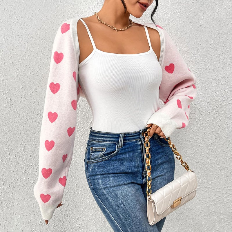 Durio Pink Bolero Shrug Heart Sweater Cardigan Valentine Cute Sweaters for Women Y2K Long Sleeve Cropped Open Front Top Womens Gifts Pink Heart Medium - Image 3