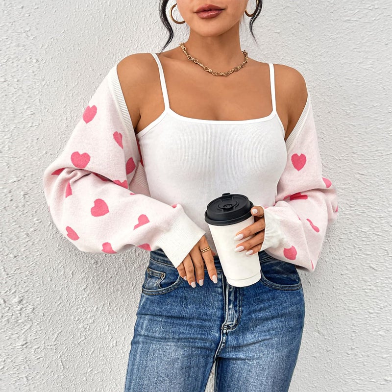 Durio Pink Bolero Shrug Heart Sweater Cardigan Valentine Cute Sweaters for Women Y2K Long Sleeve Cropped Open Front Top Womens Gifts Pink Heart Medium - Image 2