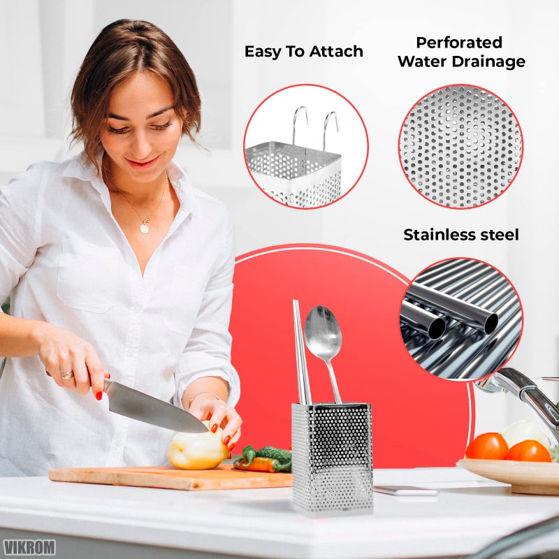 VIKROM Stainless Steel Utensil Holder for Kitchen Counter Dishwasher Chopstick Basket for Countertop Chopstick Spoon Spatula Holder Dryer Rack Utensil Caddy for Kitchen Counter Utensils Holder for Dish Rack  - Image 3