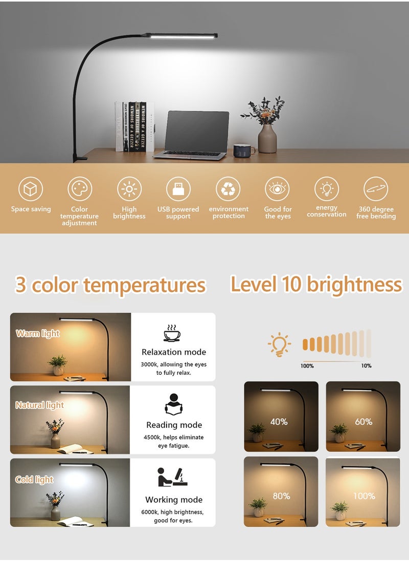 LOOPITYS - LED Desk lamp with Clamp  EyeCaring Clip on Lights for Home Office  3 Modes 10 Brightness  Long Flexible Gooseneck  Metal  Swing Arm Architect Task Table Lamps -- Black large size - Image 1