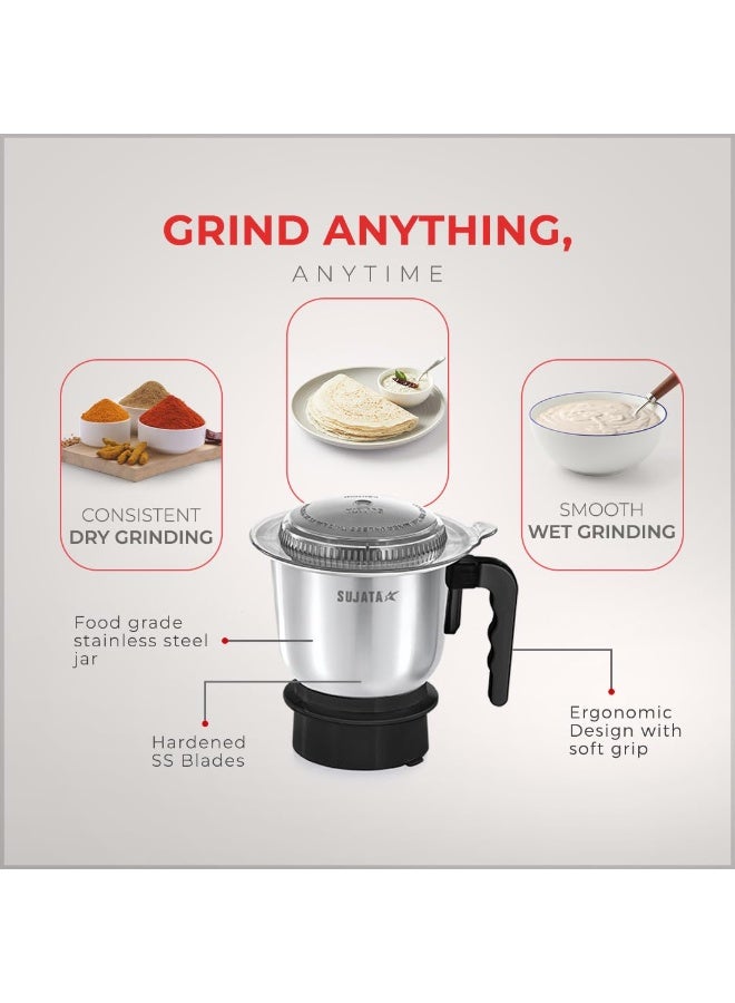 سوجاتا Sujata Dynamix Mixer Grinder|900 Watts Double Ball Bearing Motor|22000 RPM|Non-Stop 90 Mins Running|3 Food Grade Steel Jars - 1500ml Multipurpose, 1000ml Grinder, 500ml Chutney Jar|Black - Image 3