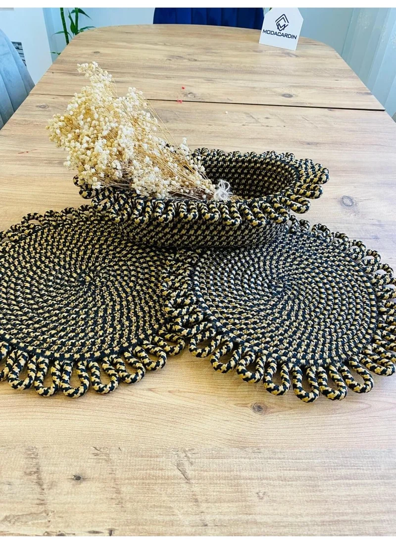 BDZ Deri BDZ Leather Jute Wicker American Service Plate and Basket 3 Pieces