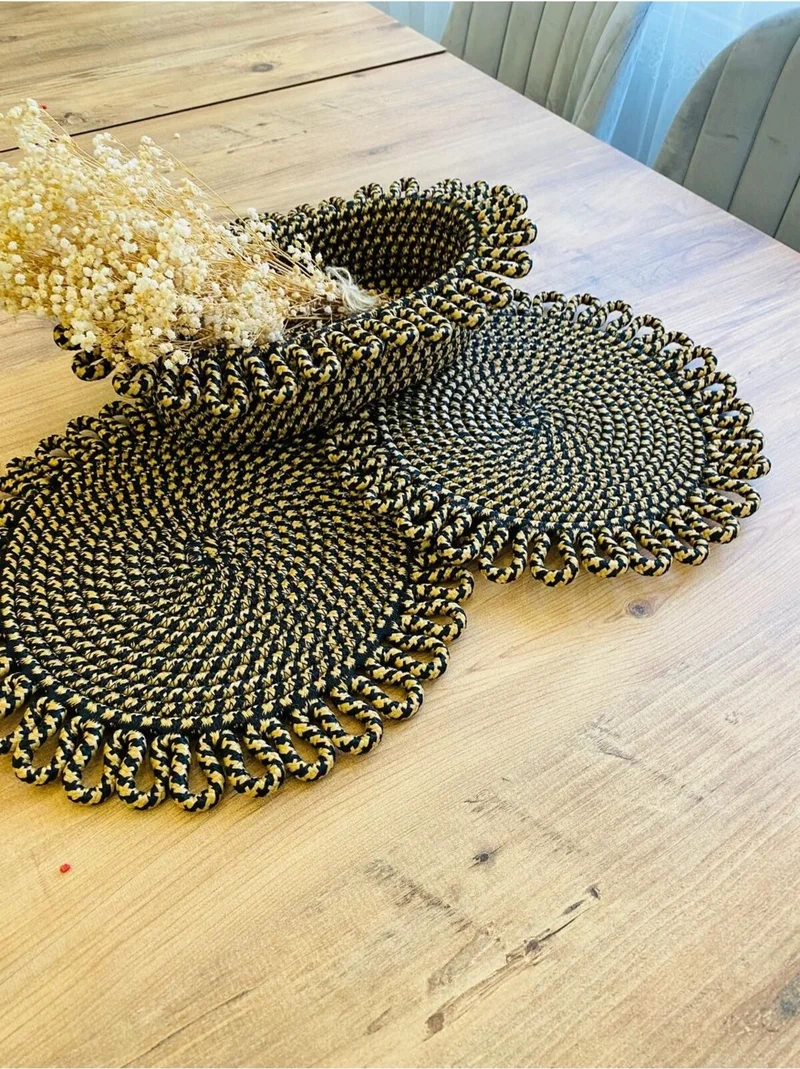 BDZ Deri BDZ Leather Jute Wicker American Service Plate and Basket 3 Pieces
