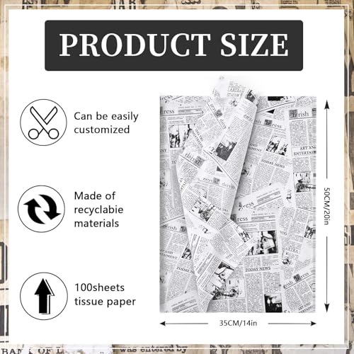 Bolsome 100 Sheets 20 * 14 Inches Vintage Newspaper Tissue Paper for Gift Wrapping Black White Newsprint Tissue Paper for Gift Bags for Birthday Wedding Anniversary DIY Craft (White) - Image 2