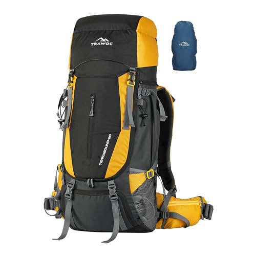 TRAWOC TERRABOUND 60 Liter Camping Backpack Trekking Hiking Ruckssack Travel Bag Front & Top Loading Laptop/Rain Cover/Shoe Compartment, HK014,Yellow - Image 1