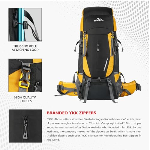 TRAWOC TERRABOUND 60 Liter Camping Backpack Trekking Hiking Ruckssack Travel Bag Front & Top Loading Laptop/Rain Cover/Shoe Compartment, HK014,Yellow - Image 2