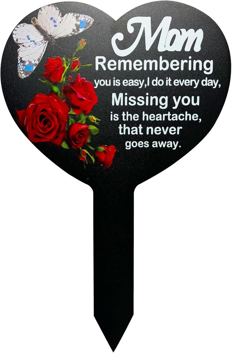 OZIO Heart Memorial Plaque Stake Sympathy Grave Markers Metal Grave Stake Decoration for Mom Dad Cemetery Outdoors Yard Garden (Mom-Butterfly) - Image 1
