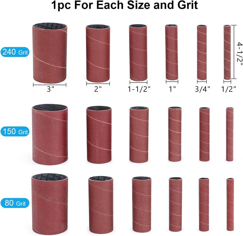 SCOTTCHEN Spindle Sander Sleeves 19 Pack with Rubber Eraser, 4-1/2’’ Length, 1/2’’, 3/4’’, 1’’, 1-1/2’’, 2’’, 3’’ Diameter Sanding Sleeves Set, Grit 80, 150, 240,for Spindle Drum Sanders - Image 2