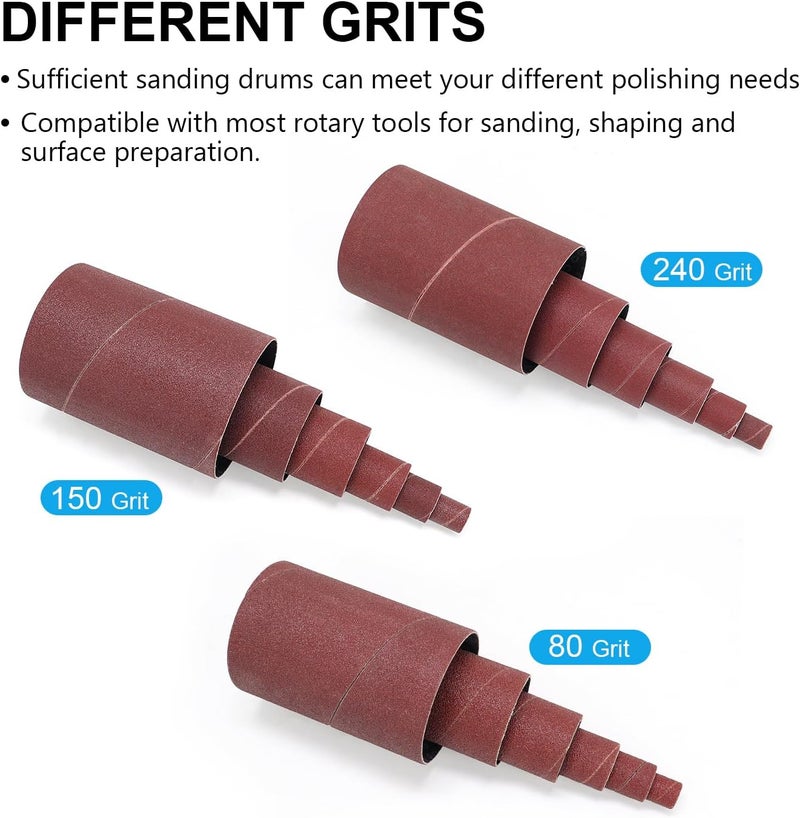 SCOTTCHEN Spindle Sander Sleeves 19 Pack with Rubber Eraser, 4-1/2’’ Length, 1/2’’, 3/4’’, 1’’, 1-1/2’’, 2’’, 3’’ Diameter Sanding Sleeves Set, Grit 80, 150, 240,for Spindle Drum Sanders - Image 3