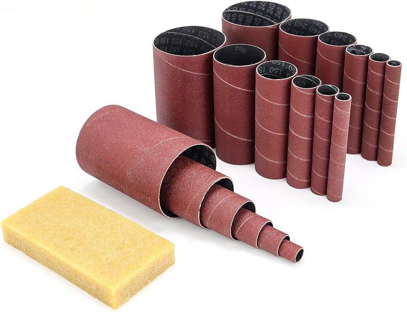 SCOTTCHEN Spindle Sander Sleeves 19 Pack with Rubber Eraser, 4-1/2’’ Length, 1/2’’, 3/4’’, 1’’, 1-1/2’’, 2’’, 3’’ Diameter Sanding Sleeves Set, Grit 80, 150, 240,for Spindle Drum Sanders - Image 1