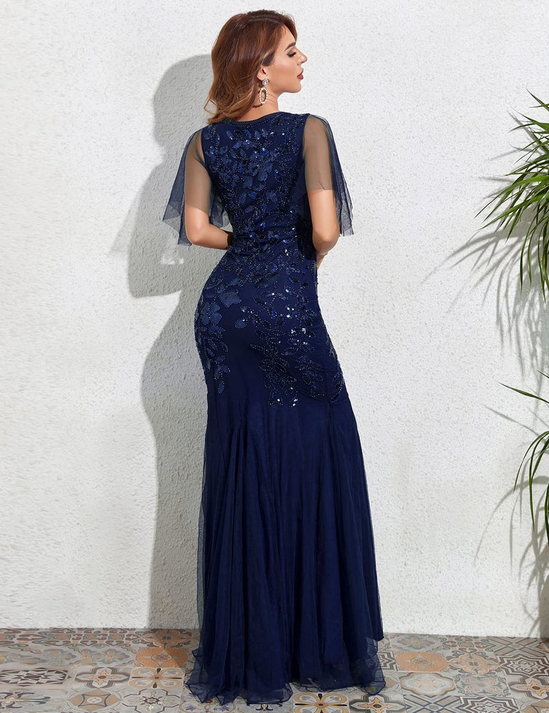 PrettyGuide Women's Evening Dress Short Sleeve 1920s Sequin Mermaid Party Maxi Long Ball Gown Navy Blue S - Image 4