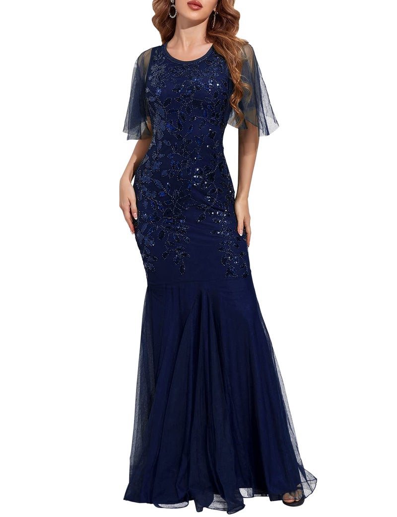 PrettyGuide Women's Evening Dress Short Sleeve 1920s Sequin Mermaid Party Maxi Long Ball Gown Navy Blue S - Image 1