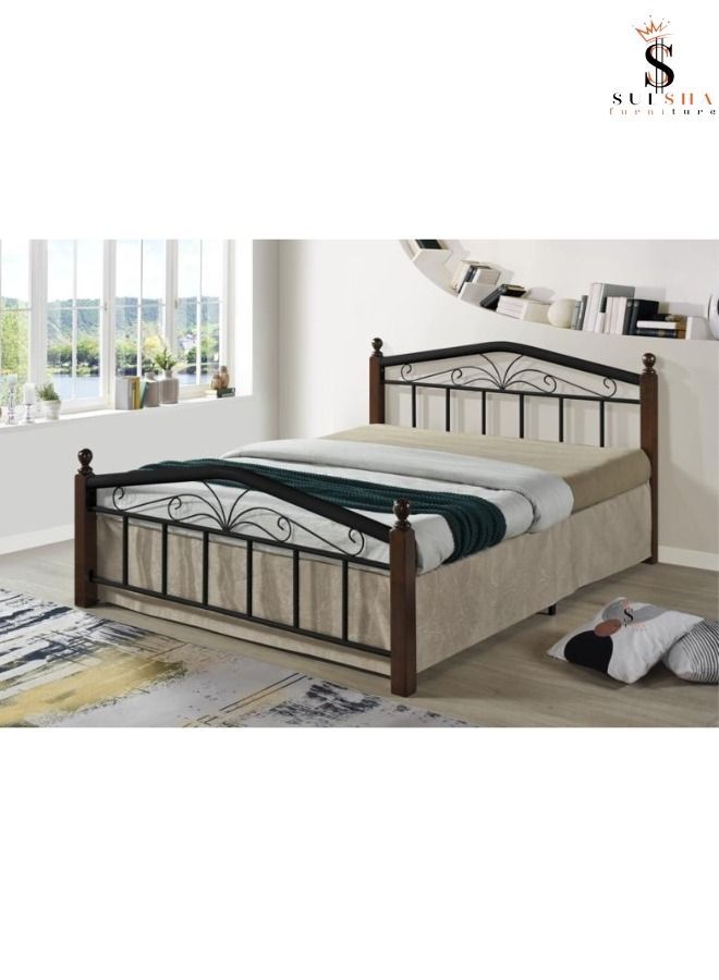 Wooden Steel Queen Size Bed Cherry Brown Legs 150 x 190 cm