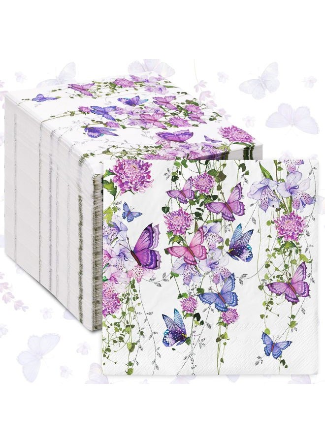 AnyDesign 80 Pack Watercolor Floral Paper Napkins Purple Butterfly Disposable Napkins Spring Flower Luncheon Dinner Napkins for Birthday Wedding Party Supplies Table Decor, 6.5 x 6.5 Inch - Image 1