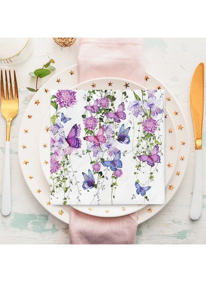 AnyDesign 80 Pack Watercolor Floral Paper Napkins Purple Butterfly Disposable Napkins Spring Flower Luncheon Dinner Napkins for Birthday Wedding Party Supplies Table Decor, 6.5 x 6.5 Inch - Image 4