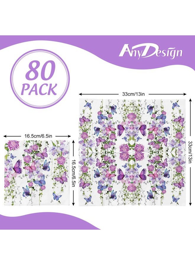AnyDesign 80 Pack Watercolor Floral Paper Napkins Purple Butterfly Disposable Napkins Spring Flower Luncheon Dinner Napkins for Birthday Wedding Party Supplies Table Decor, 6.5 x 6.5 Inch - Image 2