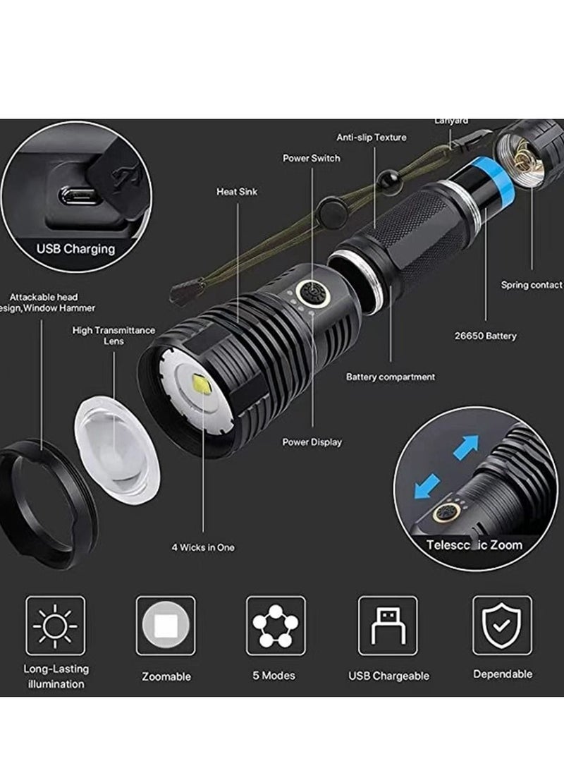 Cool Baby - COOLBABY Rechargeable LED Torch High Lumen, 90000 Lumen Super Bright Tactical Torch with 5 Light Modes and 26650 Battery Zoom Waterproof Torch with Zoom for Hiking Camping Ride or Emergency (Black) - Image 1