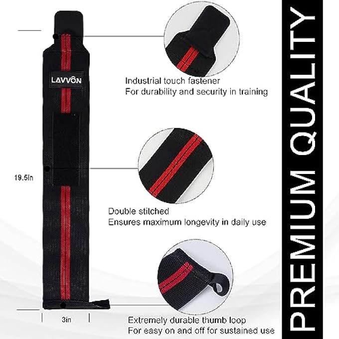 LAVVON Wrist Wraps Support Weightlifting - 18" Professional Weight Lifting Straps For Bench Overhead Press, Dips And Curls - Wristbands For Olympic Lifting Gym Workout,Strength Training Powerlifting - Image 4
