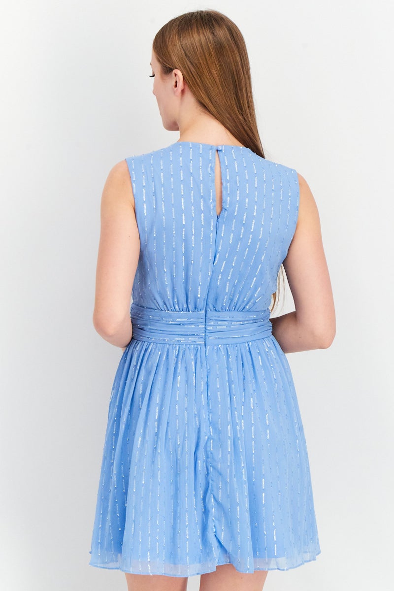 Aqua فستان ميني بدون أكمام بتصميم منقوش للنساء، أزرق - Image 3