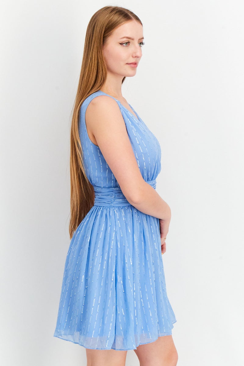 Aqua فستان ميني بدون أكمام بتصميم منقوش للنساء، أزرق - Image 2