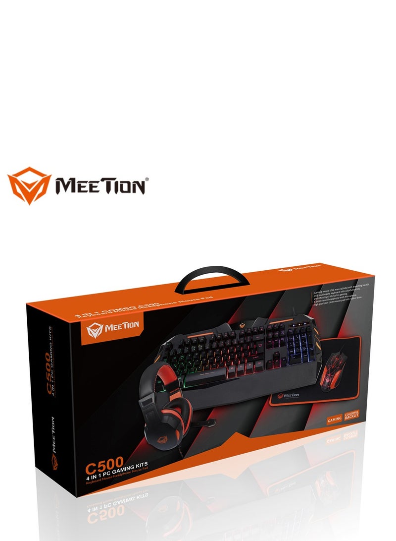 Meetion 4 in 1 C-500 PC Backlight Gold Plating USB Ergonomic Gaming Mouse Rainbow Keyboard and Mouse Pad Combo Comfortable and Soft Keys - Image 1