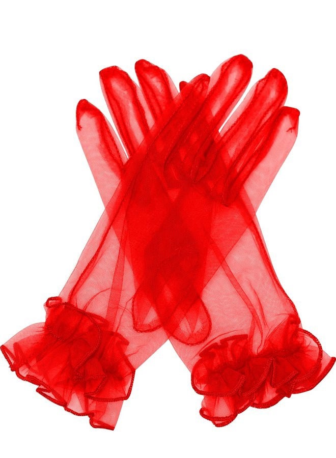 QRBTSCL Women's Short Mesh Gloves Ruffled Tulle Wedding Party Gloves Short Prom Evening Gloves Red, One Size - Image 1
