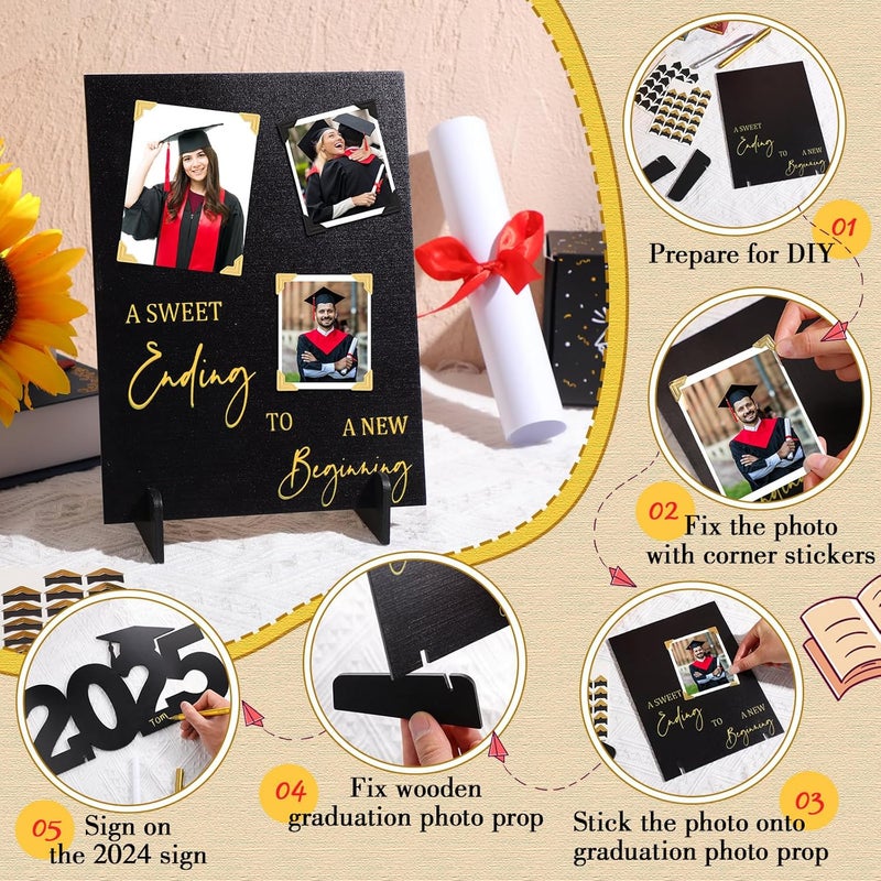 Jerify كتاب ضيوف التخرج الخشبي الأسود والذهبي من جيريف - زينة مركز الطاولة لاحتفالات التخرج دفعة 2025 - زينة حفلات مزدوجة الجوانب لزينة طاولة الحفلات - Image 4